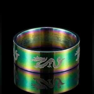 Iridescent Oil Slick Rainbow Metal Engraved Dragon Band Ring Unisex